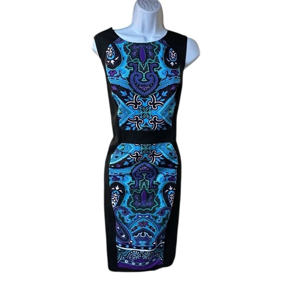 Cache Baroque Print Sheath Dress Women’s 12 Blue Purple Black Bodycon Y2K NWT